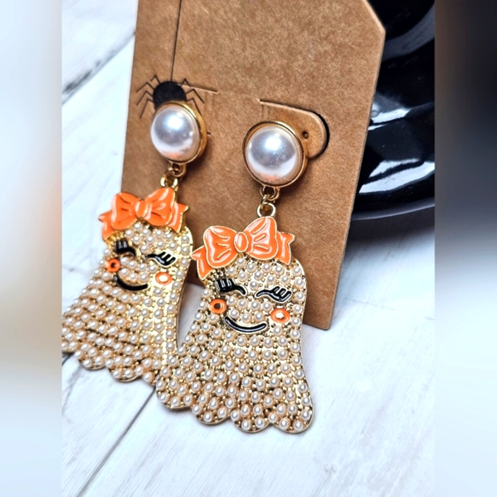 NEW Halloween Ghost Gold Pearl Stud Dangle Earrings Orange Bow - Picture 3 of 7